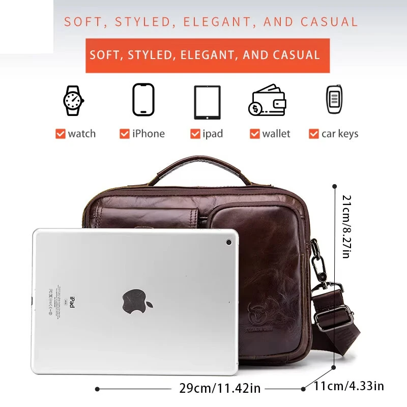 (image for) BULLCAPTAIN Genuine Leather Mens Shoulder Bag Business Crossbody Bag Male Briefcase Messenger Bag Men's Casual Handbags Vintage Flap Clutch Purse Tote